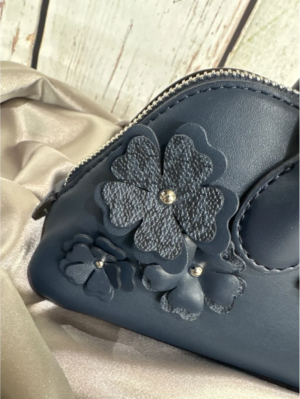 Michael Kors Petra Navy Blue Leather Floral Applique Handbag w/Extra Long Strap